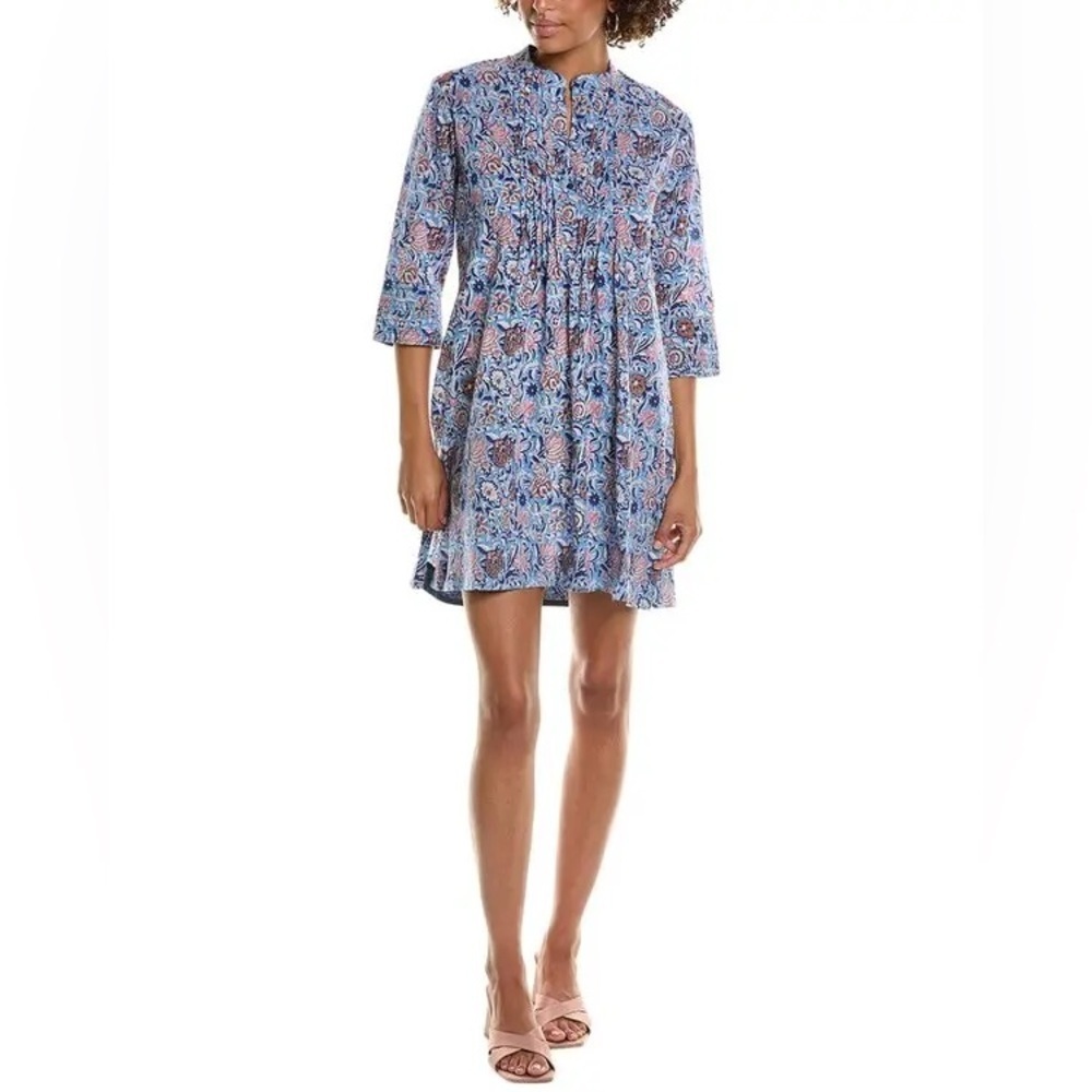 Pomegranate Pintuck Cotton Shift Dress | Taj Floral Blue | Size L